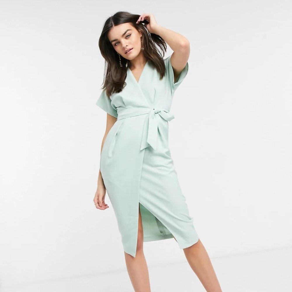 Closet London kimono wrap tie midi dress in sage